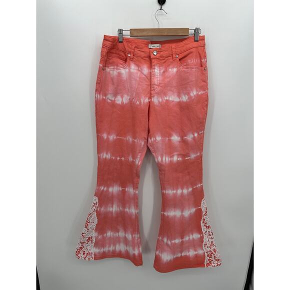 Gemma + Jane Jeans Size 14 Pink Tie Dye Flare Leg High Rise Boho Festival Lace - Picture 1 of 6